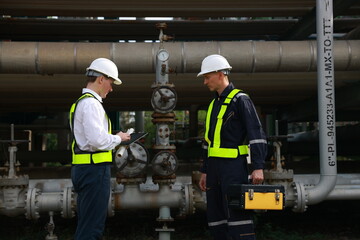 Construction engineers supervising the project's progress for the piping system stand on the new...