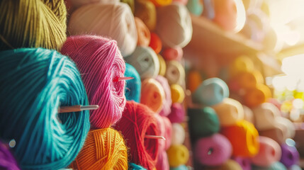 Shelf of colorful yarn balls creatively displayed with a soft focus.