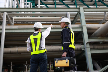 Construction engineers supervising the project's progress for the piping system stand on the new...