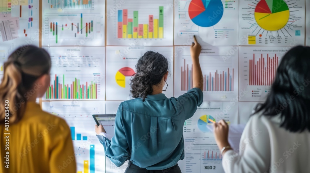 Aufkleber diverse group of colleagues reviewing financial graphs on a whiteboard during a brainstorming sessio