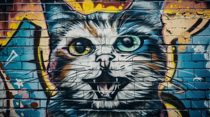 Fototapeta premium Pop art comic street graffiti with a cat on a brick wall. Creative poster. 