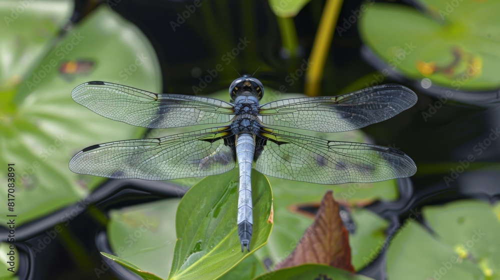 Poster dragonfly with translucent wings resting on a leaf, with a pond in the background.