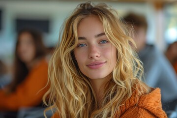 a college woman with blonde hair dons an orange casual attire, her blue eyes sparkling with joy as she flashes a captivating smile, accentuated by charming freckles.