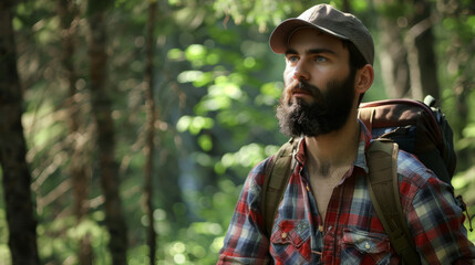 A bearded hiker watches nature intently, immersed in a verdant forest.