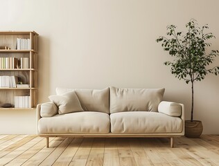 A beige sofa sits against a wall with a bookcase and potted plant on a wooden floor in a home interior