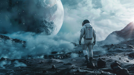 Astronaut in the shadow of a massive planet, otherworldly quest.