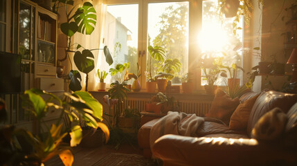 Cozy indoor haven bathed in golden sunset, amidst a jungle of potted plants and homey vibes.