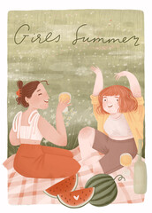 Beautiful young girls on summer picnic with food and drinks. Girl friends gather on nature spring party. Diversity group of youth women have fun. Summer picnic card, poster, background