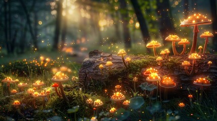 Enchanted forest scene with glowing mushrooms on a log, creating a magical and whimsical atmosphere.