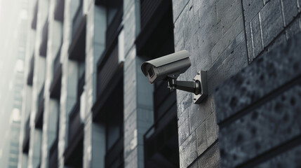 Urban security camera fixed on a building's exterior wall overseeing the street.