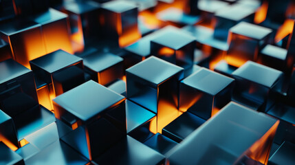 Gleaming cubes illuminated with an orange glow, hinting at digital innovation.