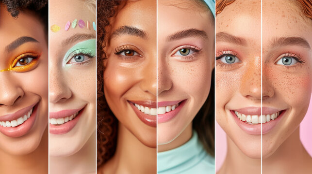 Five women with different skin tones, eye colors, and hair styles are smiling with their mouths open and teeth showing. They all have colorful makeup on their eyes, and the images are closely cropped