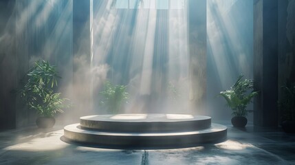 Heaveninspired podium for peaceful art exhibits close up ethereal overlay with soft light beams backdrop