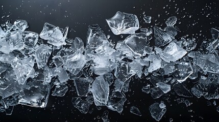 Pieces of crushed ice cubes on black background.