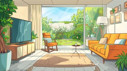 Interior of a living room with television, couch and armchair over big window and garden. domestic life, design and architecture.