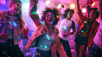 Group of ecstatic friends reveling in a neon-lit party ambiance.