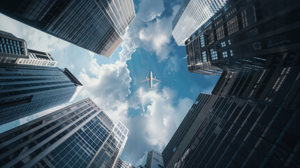 A plane glides between skyscrapers, bisecting the sky above an urban canyon of glass and steel. - Powered by Adobe