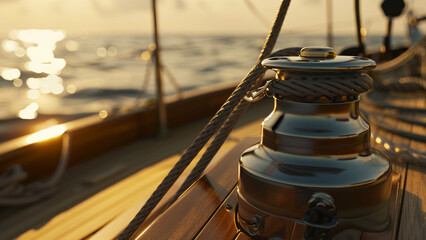 Evening sun caresses yacht winch and ropes, a symphony of sailing serenity.