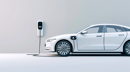 EV car charging with charger at electric charge station. Technology battery high power electric energy with a connected charging cable, Green renewable energy, battery storage future. Banner concept.