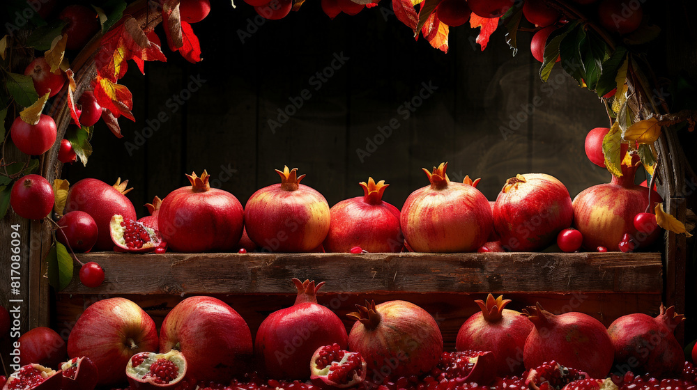 Poster fresh pomegranates neatly arranged in a rustic wooden crate, showcasing their vibrant red color and 