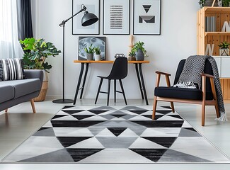 Black and white geometric print rug on the floor of a modern living room with a wooden sofa, black chair, posters in frames and planters on a desk