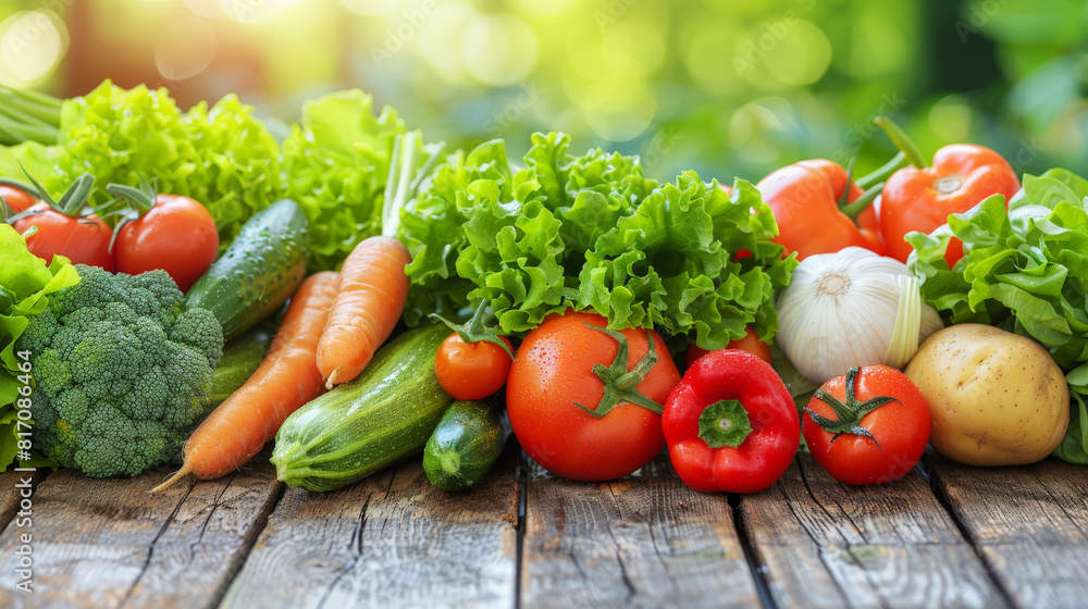Poster a variety of fresh vegetables such as tomatoes, carrots, lettuce, and bell peppers neatly arranged o
