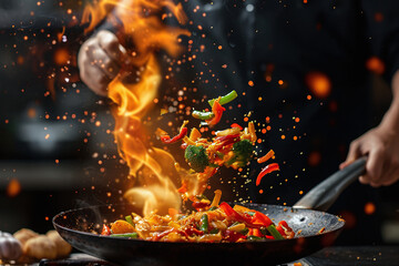 Freeze Motion of Wok Pan with Flying Ingredients in the Air and Fire Flames. Closeup of chef throwing vegetable mix from wok pan in fire. Fresh asian food preparation on dark background.