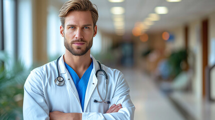 Fototapeta premium Profile photo of attractive family doctor patients consultation friendly smiling reliable virology clinic arms crossed wear white lab coat stethoscope in hospital interior. Copy space