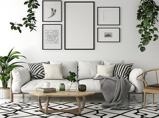 Black and white modern living room interior with poster frames, sofa in front of wall full of black...