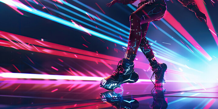 A cyberpunk dancer glides across the stage, their movements a mesmerizing display of digital prowess