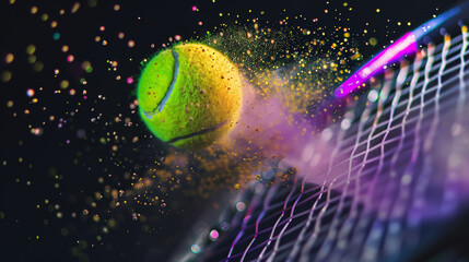 Tennis ball exploding with vibrant dust as it makes contact with the racquet.