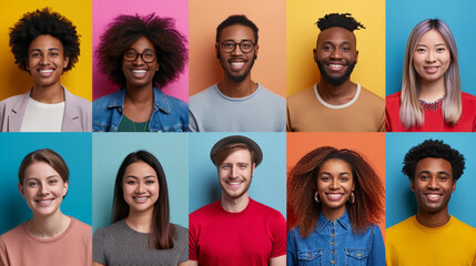 A group of diverse people, all smiling, pose against a backdrop of bright, contrasting colors