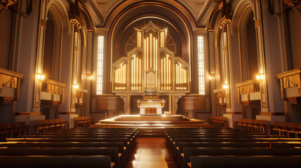 Majestic pipe organ commands attention in a grand, well-lit concert hall.
