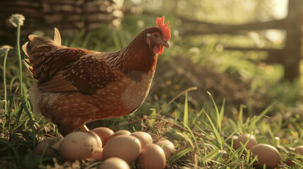 Contented hen near her trove of eggs in the golden light of dawn.