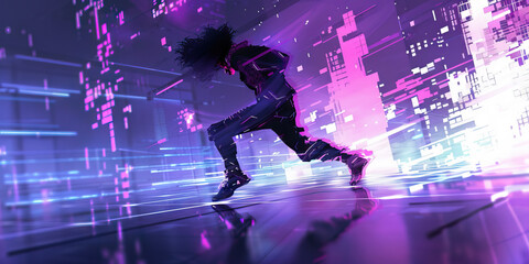 Fototapeta premium A cyberpunk dancer glides across the stage, their movements a mesmerizing display of digital prowess
