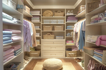A walk-in closet filled with neatly arranged baskets and bins for storage and organization