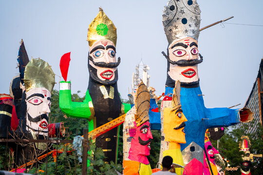 Colorful effigies of demon king Ravan of paper made on the hindu festival of Dussehra Vijayadashami shot with shallow depth of field