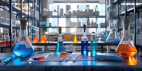 laboratory test tubes ,Medical laboratory interior ,beakers with blue liquid on the table Close up Science laboratory equipment.
