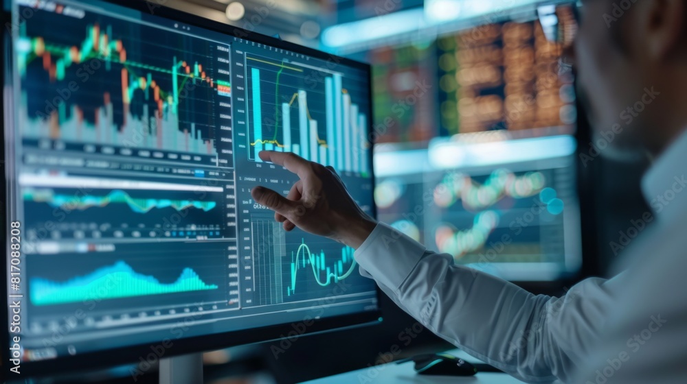 Aufkleber financial analyst studying a complex graph on a computer monitor, with financial data in the backgro
