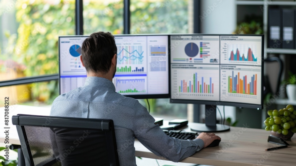 Aufkleber financial analyst studying a complex business graph on a dual-monitor setup, with detailed charts an