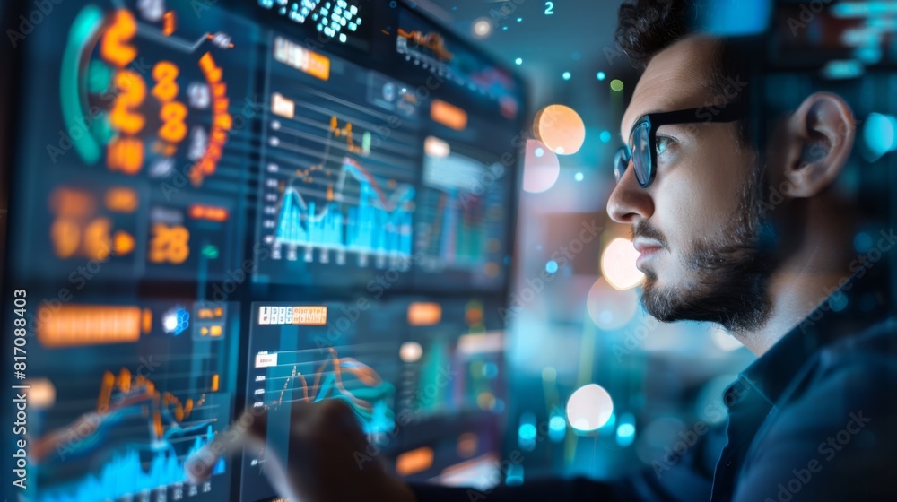 Aufkleber financial analyst studying a complex graph on a computer monitor, with financial data in the backgro