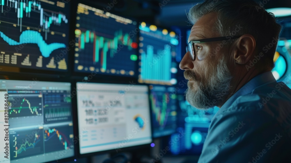 Aufkleber financial analyst studying a complex graph on a computer monitor, with financial data in the backgro