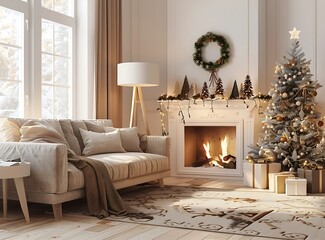 A cozy living room with a beige sofa, white fireplace and Christmas decorations on the wall