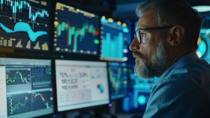 Financial analyst studying a complex graph on a computer monitor, with financial data in the background