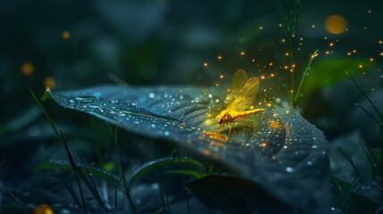 Firefly illuminating a leaf in the dusk, creating a magical glow.
