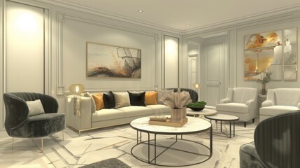 A sophisticated living room featuring modern furniture, black and white theme, contemporary art, and a cozy atmosphere.