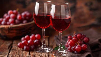  Red wine glasses with grapes. Two glasses of red wine accompanied by fresh grapes on a rustic wooden table, creating a cozy and inviting scene.