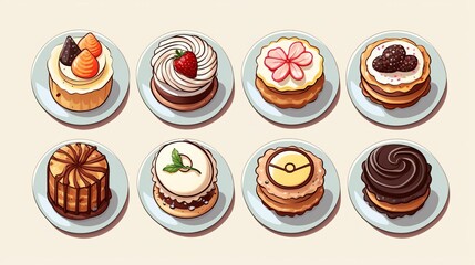 Petite pastry selection flat design top view diminutive desserts theme cartoon drawing Splitcomplementary color scheme