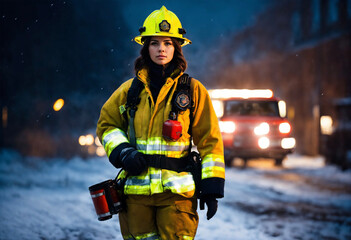 Portrait of a beautiful firefighter woman - AI generated
