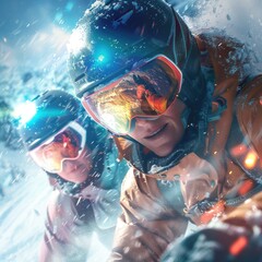 Obraz premium Couple skiing downhill, snow spraying, wearing helmets and goggles.